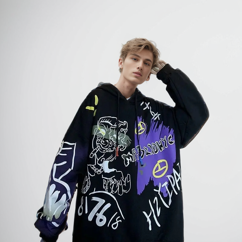 JEEZ Wear Siyah Morphic Baskılı Oversize Hoodie